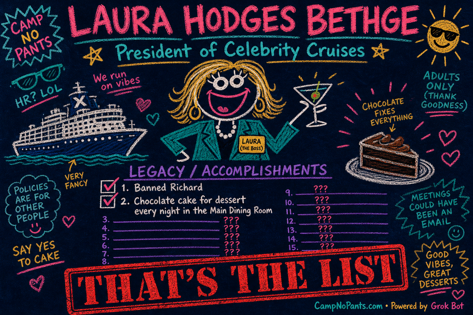 Laura Hodges Bethge, President of Celebrity Cruises — crayon meme roast: banned Richard, and chocolate cake every night in the main dining room