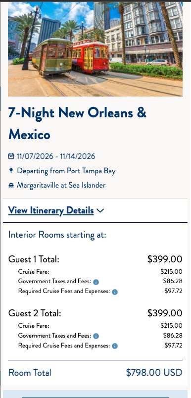 Margaritaville at Sea Islander booking card — 7-Night New Orleans and Mexico, Nov 7 to 14 2026 from Port Tampa Bay, interior rooms from $399 per person
