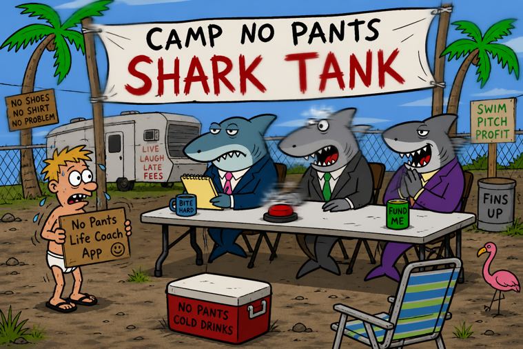 Shitty cartoon Camp No Pants Shark Tank promo
