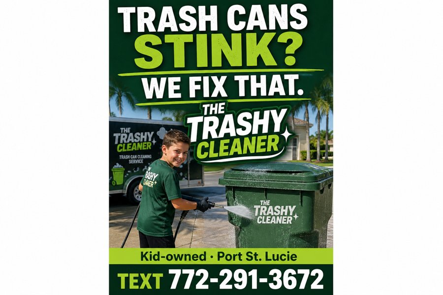 The Trashy Cleaner promo — stinky cans meet a kid with a hose